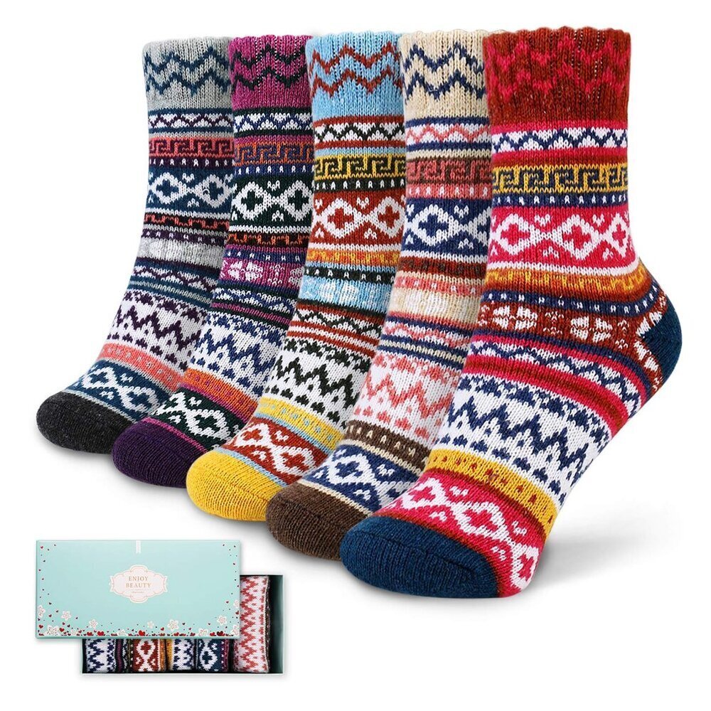 Soft Knit Wool Winter Thick Warm Cabin Fuzzy Crew Women Socks 5 Pack
